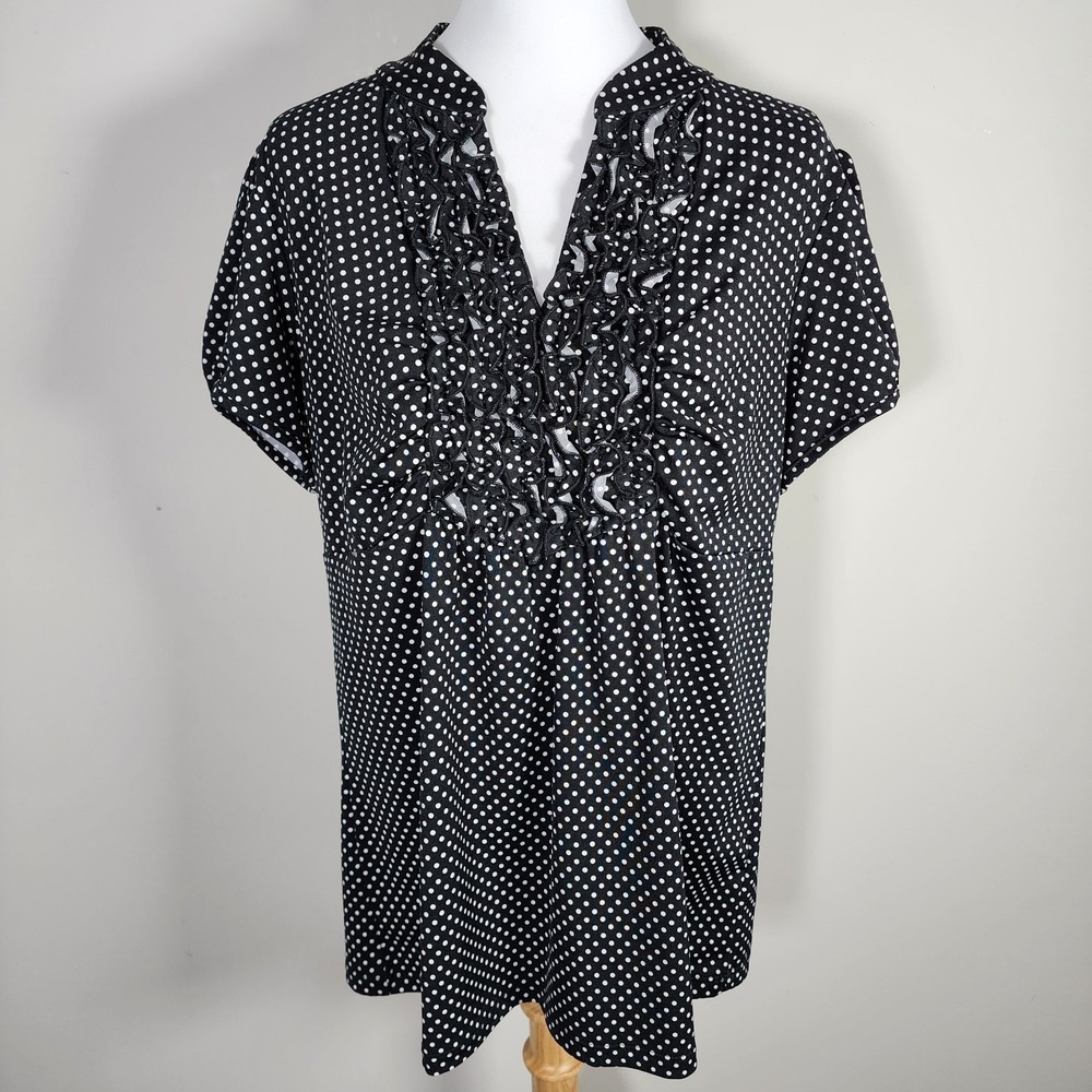 Halo Polkadot Blouse Womens Large Black White Stretch Ruffle Polka Dot Top Tee
